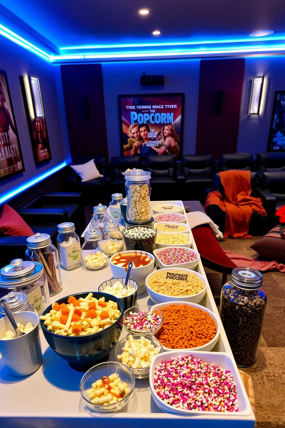 A vibrant popcorn bar is set up with a variety of toppings including melted chocolate, caramel drizzle, and colorful sprinkles. The bar is adorned with decorative bowls and jars, creating an inviting atmosphere for guests to customize their snacks. The home theater is decorated with cozy seating arrangements featuring plush cushions and blankets. Soft ambient lighting enhances the cinematic experience, while themed movie posters adorn the walls to complete the look.