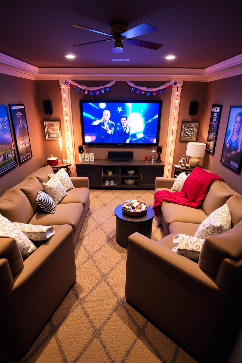 Create a cozy home theater setting for a themed movie night. Include plush seating arranged in a semi-circle facing a large screen, with soft lighting that sets a warm ambiance. Decorate the space with movie posters and themed decor that reflects the film being shown. Add popcorn bowls and cozy blankets to enhance the inviting atmosphere for guests. Design a festive Labor Day home theater experience. Incorporate red, white, and blue decorations, and set up a snack bar with classic movie treats and seasonal favorites. Ensure the seating is comfortable and arranged for optimal viewing. Use creative lighting to highlight the decor and create a celebratory vibe for the occasion.