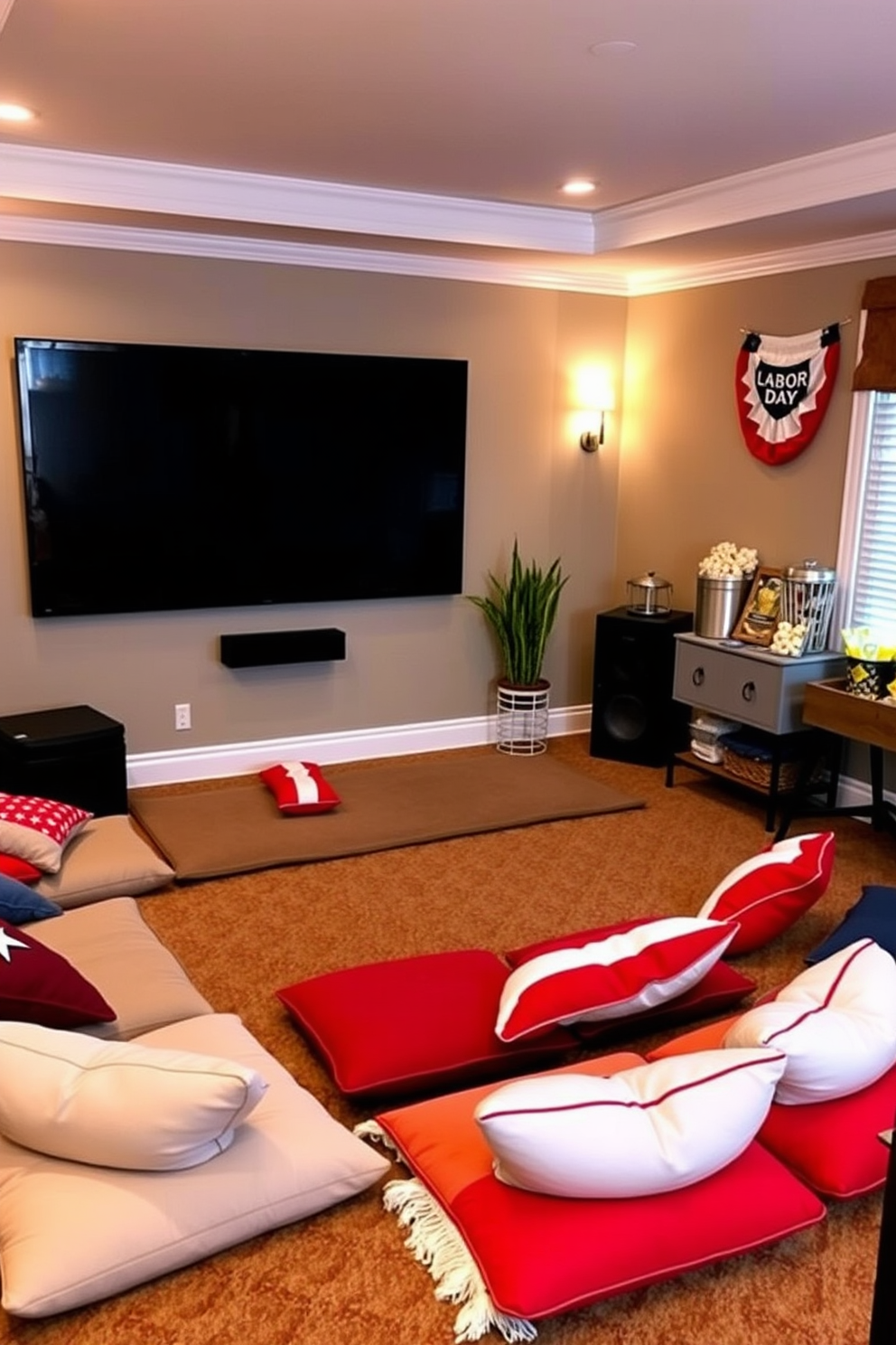 Cushioned floor seating arranged in a cozy circle, surrounded by soft blankets in warm colors. A large screen is mounted on the wall, with ambient lighting creating a welcoming atmosphere for movie nights. Labor Day home theater decorated with festive accents, including red, white, and blue throw pillows on the seating. A stylish popcorn station is set up nearby, complete with vintage-style containers and a selection of snacks for guests.