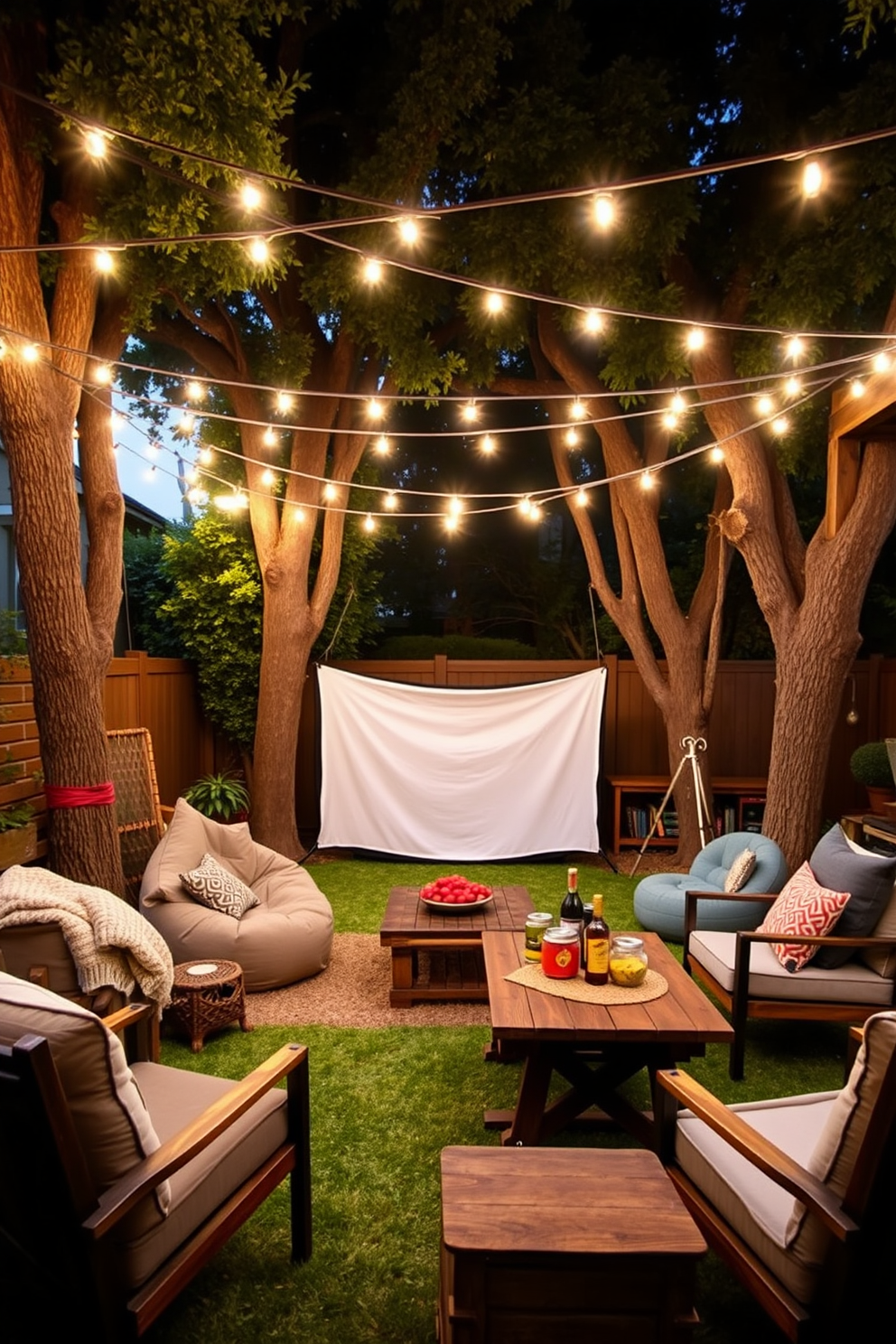 A cozy outdoor theater setup for backyard screenings. The space features a large projector screen draped between two trees, surrounded by comfortable seating options like plush bean bags and outdoor lounge chairs. String lights are hung overhead, creating a warm and inviting atmosphere. A rustic wooden table is set nearby, adorned with snacks and drinks for a perfect movie night experience.