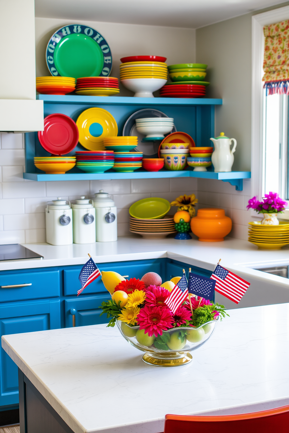 A vibrant kitchen setting filled with colorful dishware that adds lively accents to the space. Brightly colored plates and bowls are arranged on open shelves, showcasing a cheerful mix of patterns and hues. The countertops are adorned with decorative canisters and a fruit bowl filled with fresh produce. Festive Labor Day decorations, such as small flags and seasonal flowers, bring a celebratory touch to the kitchen ambiance.