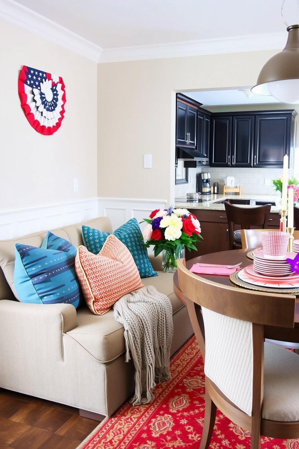 Cozy seating nook with cushions. The space features a plush loveseat adorned with colorful throw pillows and a soft knitted blanket draped over the armrest. Labor Day Kitchen Decorating Ideas. The kitchen showcases a festive atmosphere with seasonal decorations, including a centerpiece of fresh flowers and themed tableware on the dining table.