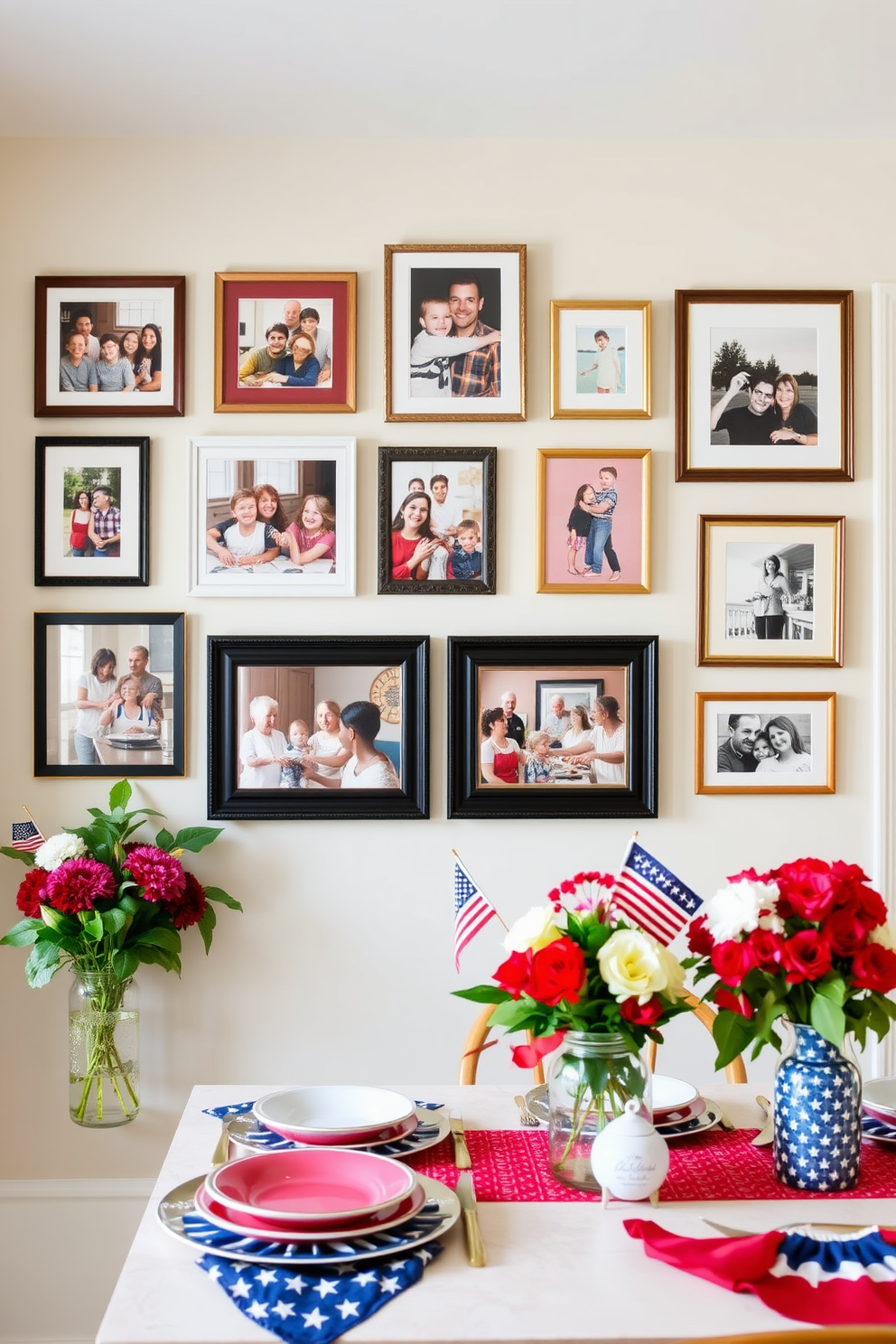 A gallery wall showcasing cherished family kitchen moments. The wall is adorned with a mix of framed photographs and art pieces that celebrate family gatherings and cooking adventures. For Labor Day, the kitchen is decorated with festive touches. Bright red, white, and blue accents are incorporated through table settings, bunting, and seasonal floral arrangements.