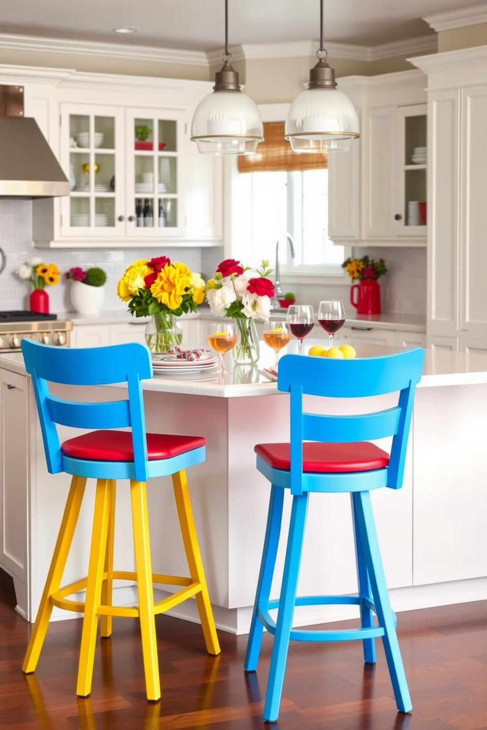 Brightly colored bar stools in a lively kitchen setting create a fun and inviting atmosphere. The stools are arranged around a sleek island with a polished countertop, enhancing the space's cheerful vibe. Labor Day kitchen decorating ideas include vibrant table settings and festive centerpieces. Incorporate seasonal elements like fresh flowers and themed dishware to celebrate the holiday in style.