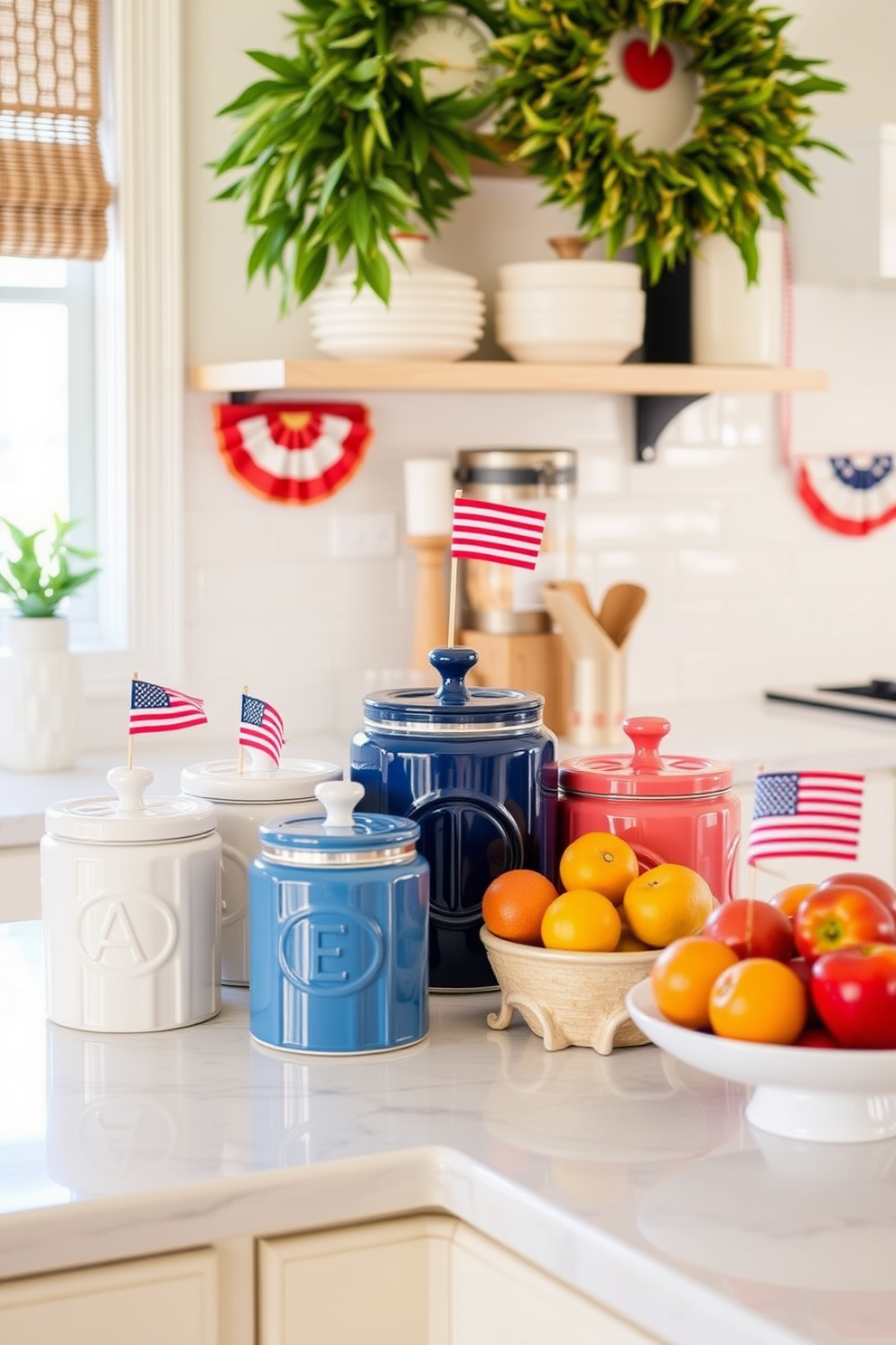 A stylish kitchen counter featuring decorative canisters in various sizes and colors. The canisters are arranged neatly, adding a pop of color and organization to the space. Incorporate Labor Day themed decorations like small flags and seasonal fruits. The kitchen is bright and inviting, perfect for celebrating the holiday with family and friends.