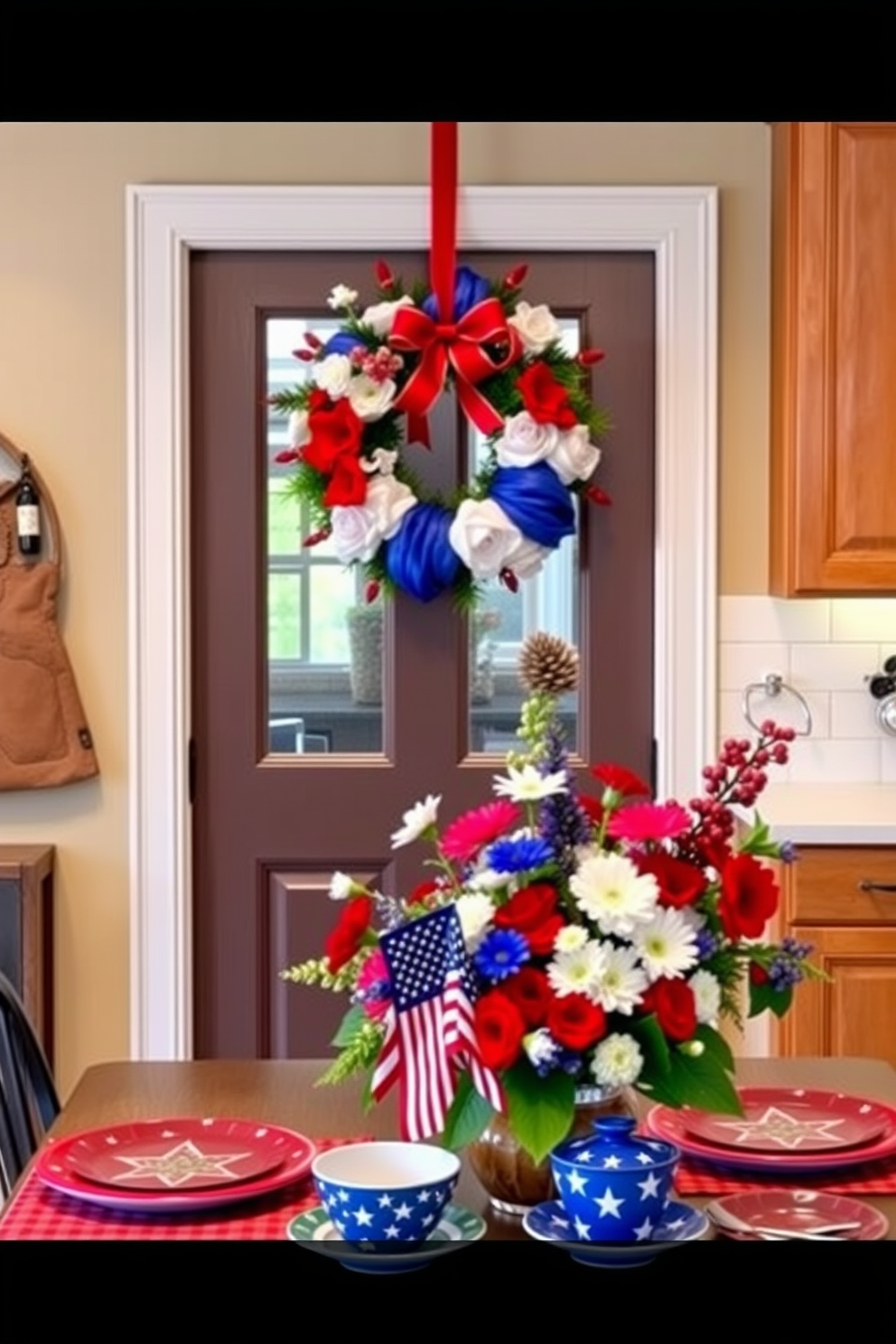 A vibrant seasonal wreath adorned with red white and blue accents hangs on the kitchen door welcoming guests with festive charm. Inside the kitchen patriotic decorations include a table set with star patterned tableware and a centerpiece of fresh flowers in hues of the American flag.