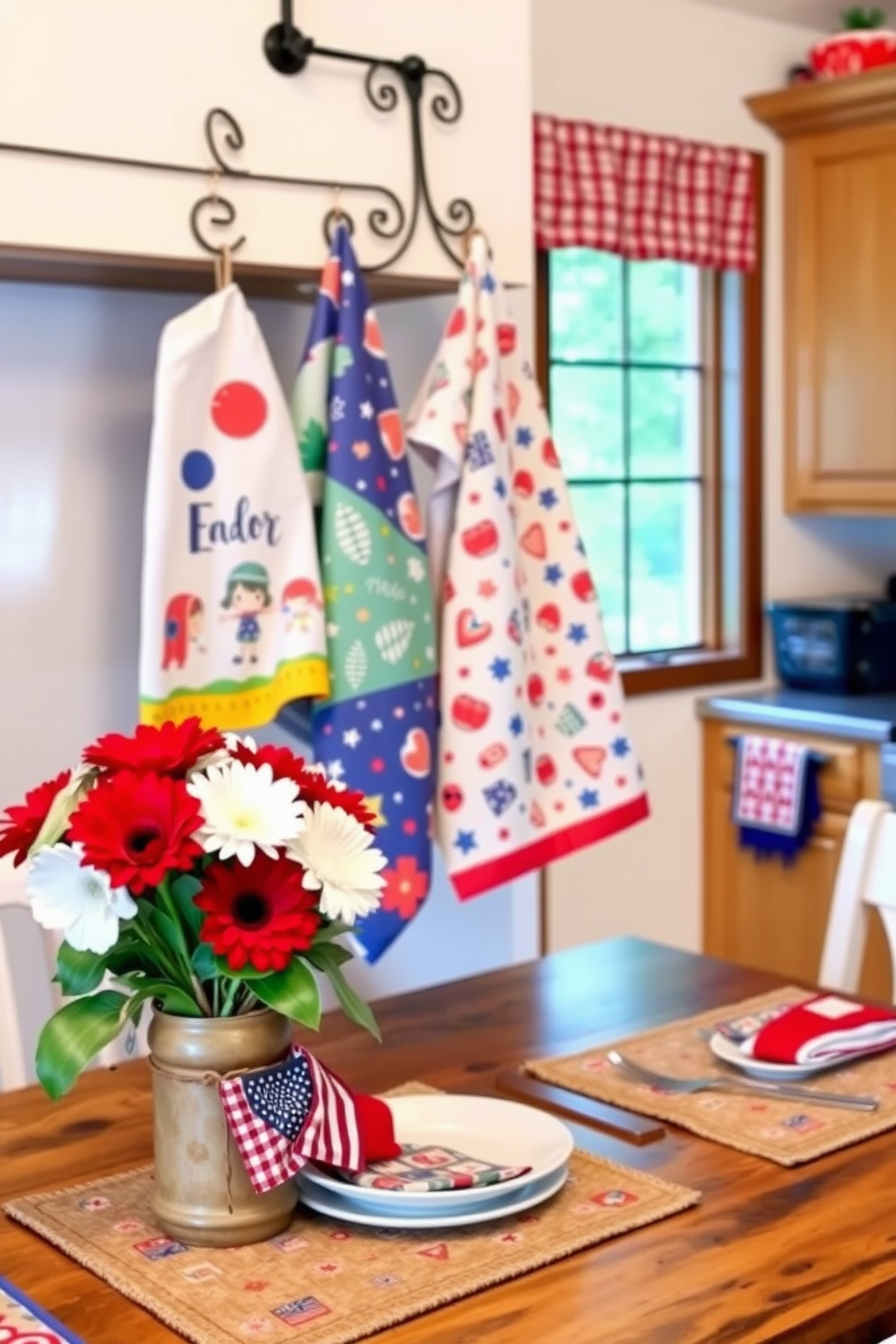 Whimsical kitchen towels featuring vibrant colors and playful patterns hang from a stylish rack. The towels add a touch of fun to the kitchen decor, complementing the cheerful ambiance of the space. Labor Day kitchen decorating ideas include a festive table setting adorned with red, white, and blue accents. Fresh flowers in a rustic vase and themed placemats create a welcoming atmosphere for gatherings.