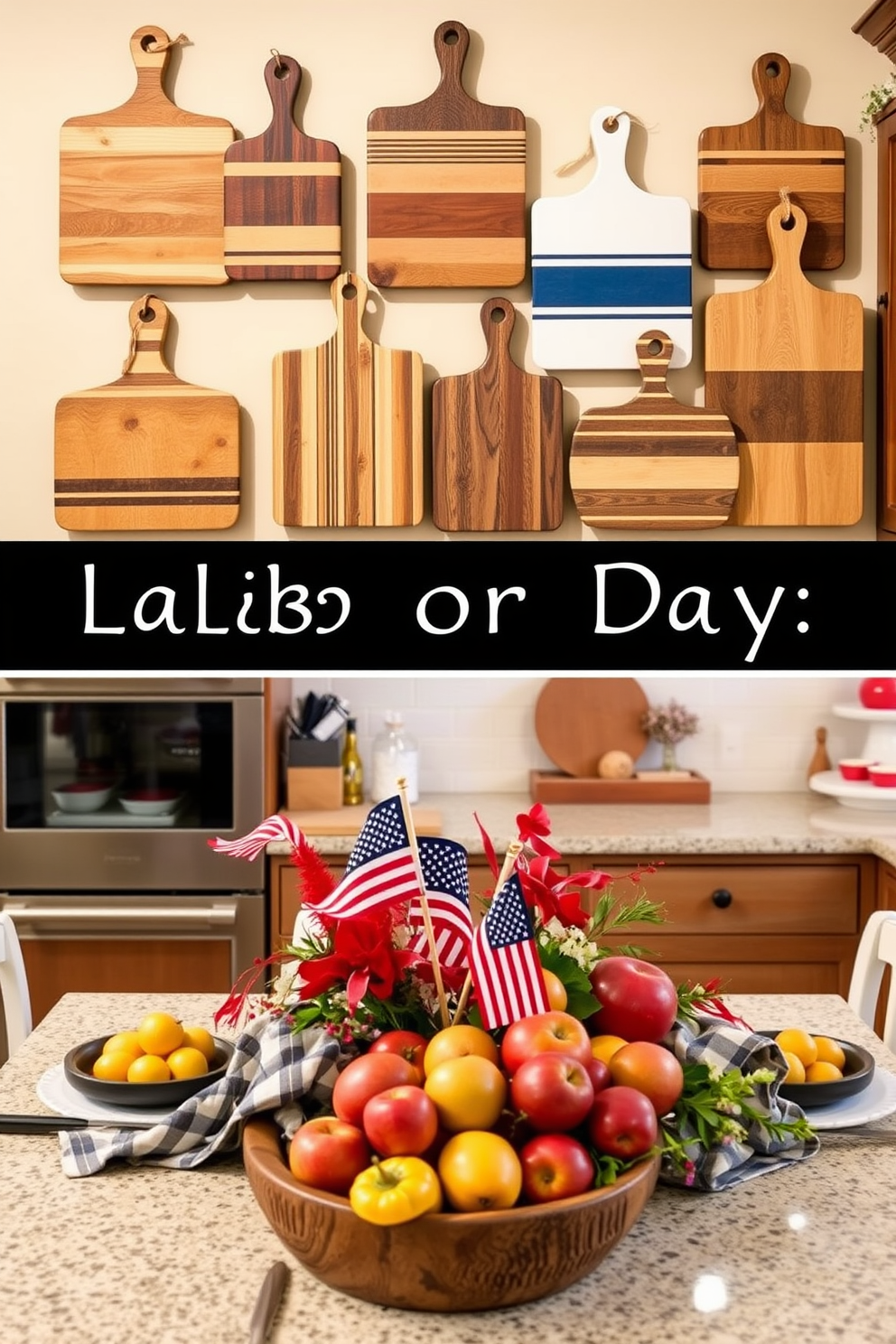 A collection of stylish cutting boards displayed as decor pieces on a kitchen wall. The boards vary in size and material, featuring natural wood tones and intricate designs that enhance the kitchen's aesthetic. For Labor Day, the kitchen is adorned with festive decorations, incorporating red, white, and blue elements. A vibrant table setting showcases seasonal fruits and a rustic centerpiece, creating a warm and inviting atmosphere.