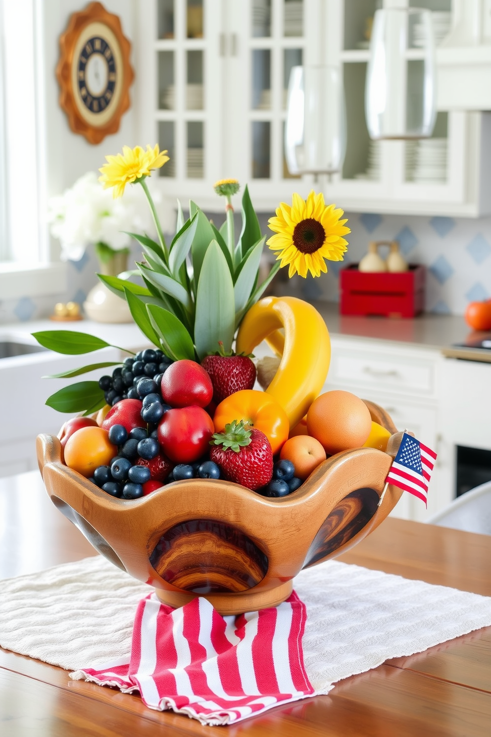 Artistic fruit bowls filled with vibrant seasonal fruits create a stunning centerpiece that enhances the kitchen's aesthetic. The bowls are crafted from natural materials, featuring unique shapes and textures that add character to the decor. Labor Day kitchen decorating ideas can incorporate festive elements such as red, white, and blue tableware. Incorporate fresh flowers and themed accents to celebrate the holiday while maintaining an inviting atmosphere.