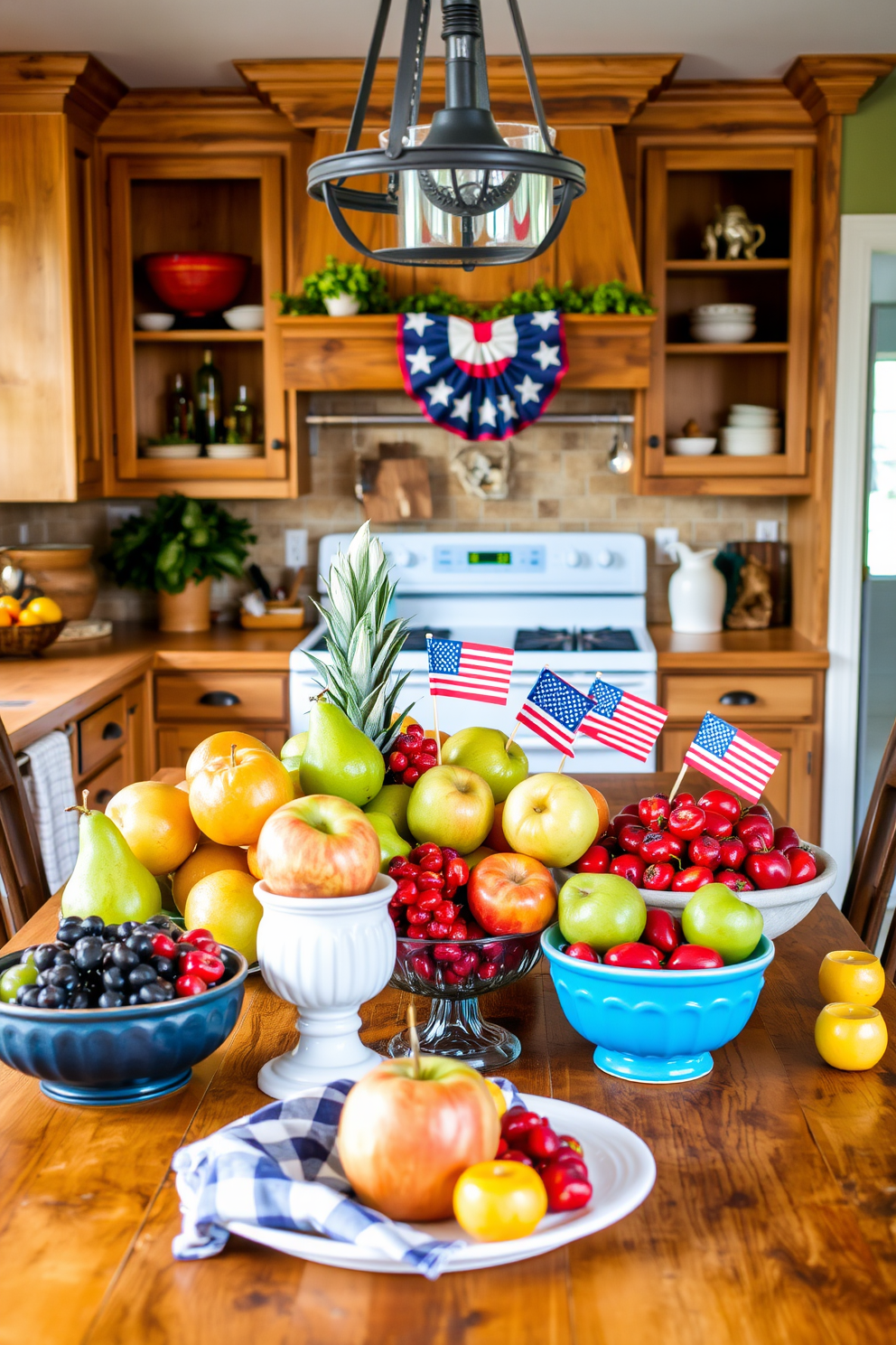 A vibrant kitchen setting adorned with seasonal fruit displays. A wooden table is beautifully arranged with an assortment of fresh fruits such as apples, pears, and berries, complemented by decorative bowls. The kitchen features warm tones with rustic cabinetry and open shelving. Labor Day decorations like small flags and red, white, and blue accents are tastefully integrated throughout the space.