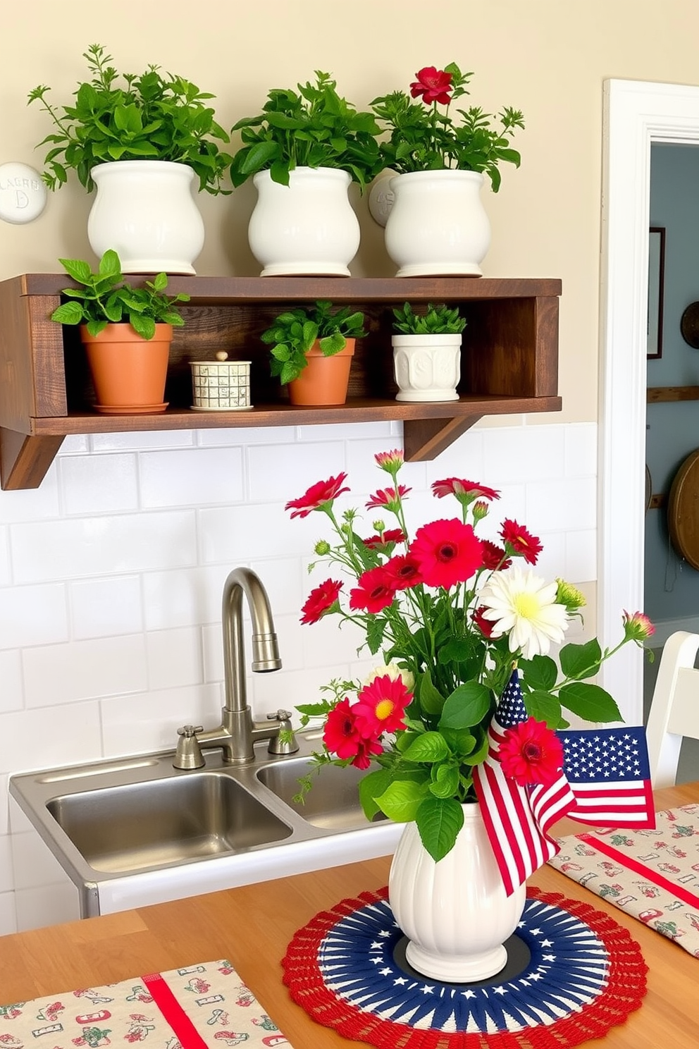 A cozy kitchen setting featuring ceramic pots filled with vibrant indoor plants. The pots are arranged on a rustic wooden shelf above the sink, adding a touch of greenery to the space. For Labor Day, the kitchen is decorated with festive accents such as red, white, and blue table linens. A charming centerpiece of fresh flowers in a ceramic vase complements the holiday theme.