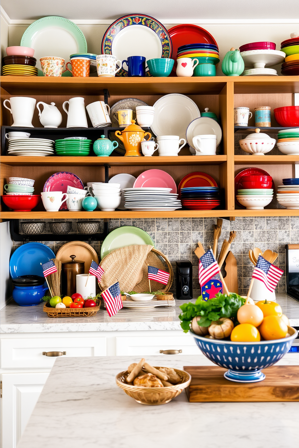 A vibrant kitchen filled with an eclectic mix of dishware arranged on open shelves. The shelves showcase colorful plates, mismatched mugs, and unique serving bowls, creating a playful yet stylish display. The countertops are adorned with seasonal decor, featuring small flags and rustic elements to celebrate Labor Day. Fresh produce in decorative bowls adds a touch of warmth and invites a sense of home to the space.