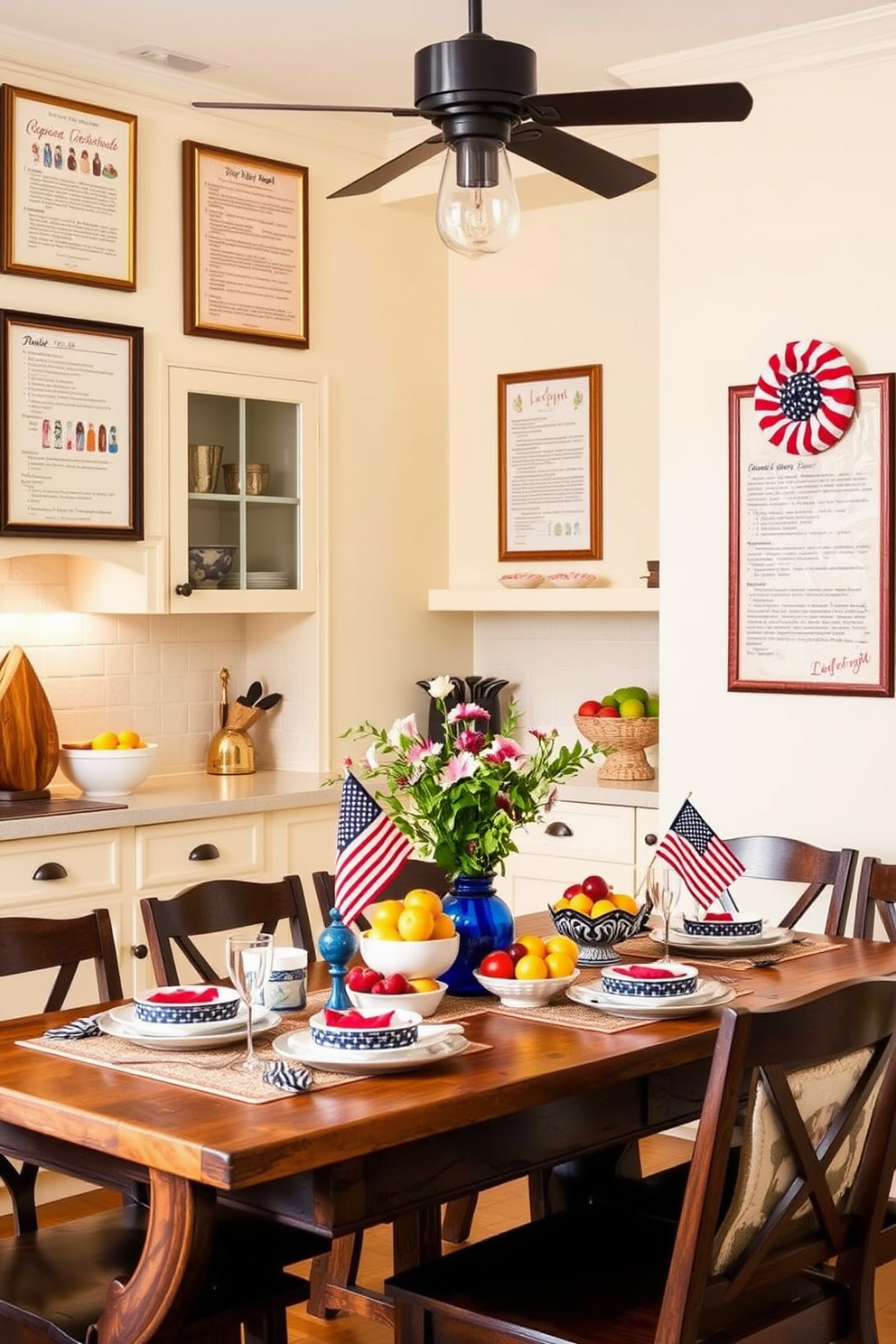 A bright and inviting kitchen adorned with framed recipe art that inspires culinary creativity. The walls are painted in a soft cream color, and the artwork features colorful prints of various recipes in stylish frames. Labor Day decorations bring a festive touch to the space with red, white, and blue accents. A rustic wooden table is set with seasonal fruits and themed tableware, creating a warm and welcoming atmosphere for gatherings.