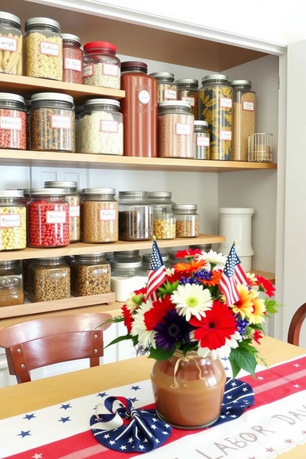 A well-organized pantry featuring glass jars of varying sizes filled with colorful dry goods such as pasta, grains, and spices. The jars are neatly arranged on wooden shelves, complemented by decorative labels for easy identification. A festive kitchen setting celebrating Labor Day with red, white, and blue accents. The table is adorned with a patriotic tablecloth, and a centerpiece of fresh flowers in seasonal colors adds a cheerful touch.