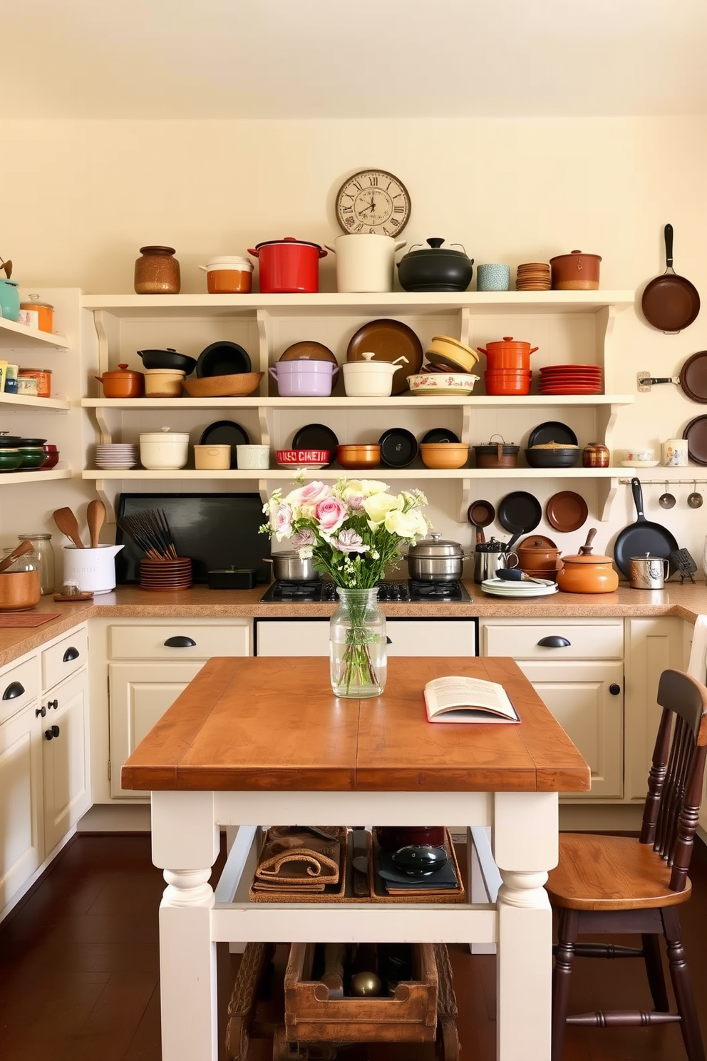 A charming kitchen filled with vintage cookware displayed as decorative accents. The walls are painted in a soft cream color, and open shelves showcase an array of colorful enamel pots and rustic cast iron skillets. A wooden farmhouse table is set in the center, adorned with a simple vase of fresh flowers. On the countertop, a collection of antique utensils and a vintage cookbook add character and warmth to the space.