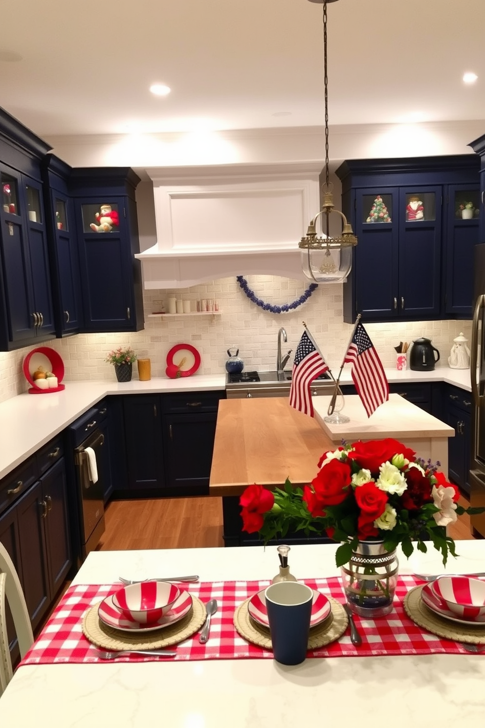 A warm and inviting kitchen space illuminated by soft mood lighting from under-cabinet fixtures. The cabinets are painted in a deep navy blue, contrasting beautifully with the white quartz countertops and a rustic wooden island centerpiece. Decorative elements celebrate Labor Day with red, white, and blue accents throughout the kitchen. A festive table setting features a checkered tablecloth, seasonal flowers, and themed dishware, creating a cheerful atmosphere for gatherings.