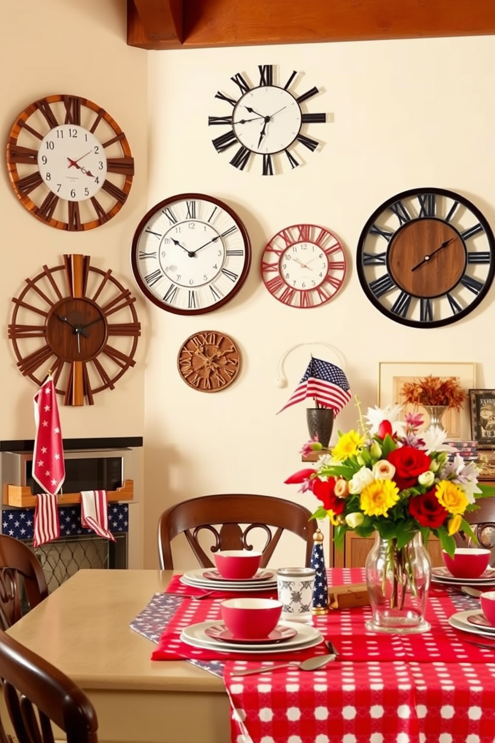 A collection of unique wall clocks designed as functional art pieces. Each clock features a different artistic style, incorporating materials like wood, metal, and glass to create visual interest. Creative kitchen decorating ideas for Labor Day celebrations. The kitchen is adorned with festive elements such as vibrant tablecloths, themed dishware, and seasonal floral arrangements to enhance the holiday spirit.