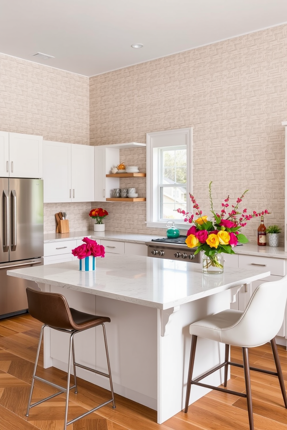 A modern kitchen adorned with textured wallpaper that adds depth and character to the space. The wallpaper features a subtle geometric pattern in soft neutral tones, creating a warm and inviting atmosphere. The kitchen island is topped with a sleek quartz countertop, complemented by stylish bar stools. Brightly colored decorative accents and seasonal flowers enhance the overall aesthetic, making it perfect for Labor Day celebrations.