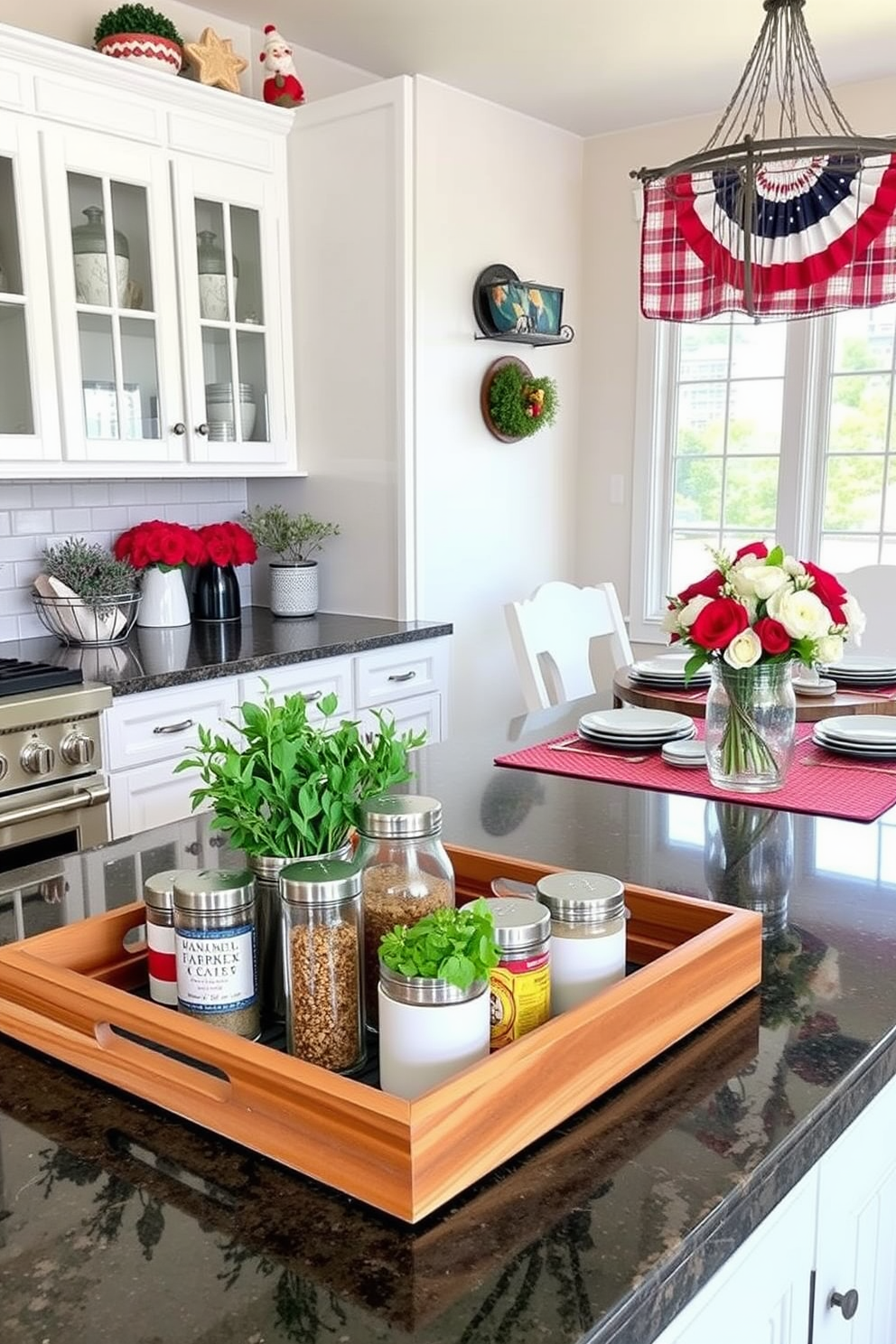 A beautifully designed kitchen featuring decorative trays that enhance functional organization. The trays are made of natural wood and are arranged on the countertop, showcasing fresh herbs and colorful spices in stylish containers. For Labor Day, the kitchen is adorned with festive decorations that celebrate the holiday. Red, white, and blue accents are incorporated through table runners, dishware, and seasonal floral arrangements.