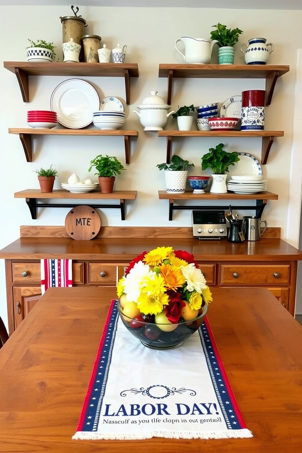 Rustic wooden shelves are mounted on the wall, showcasing a mix of vintage dishware and potted herbs. Below, a wooden countertop complements the shelves, with a bowl of fresh fruits adding a pop of color. For Labor Day, the kitchen is adorned with red, white, and blue accents, including a festive table runner and themed dish towels. A bouquet of seasonal flowers sits in the center, bringing a cheerful touch to the space.