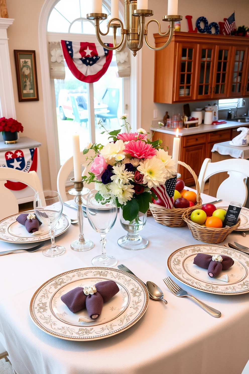 Elegant table settings for special occasions. A beautifully set table features fine china plates with intricate designs, complemented by crystal glassware and polished silverware. Fresh flowers in a tasteful vase serve as the centerpiece, while soft candlelight creates an inviting ambiance. Labor Day kitchen decorating ideas. The kitchen is adorned with patriotic-themed decor, including red, white, and blue accents throughout. A festive tablecloth covers the dining table, and seasonal fruits are displayed in a wicker basket for a touch of natural charm.