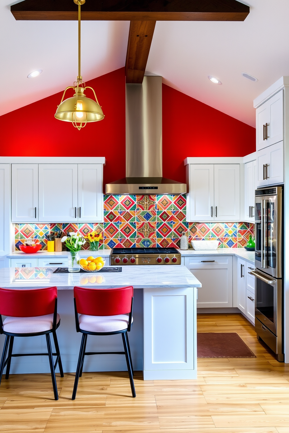 A vibrant kitchen with bold backsplash tiles creating an eye-catching focal point. The tiles feature a geometric pattern in bright colors, contrasting beautifully with sleek white cabinetry and stainless steel appliances. The kitchen island is adorned with stylish bar stools, inviting family and friends to gather. Warm lighting fixtures hang above, enhancing the cozy atmosphere perfect for Labor Day celebrations.