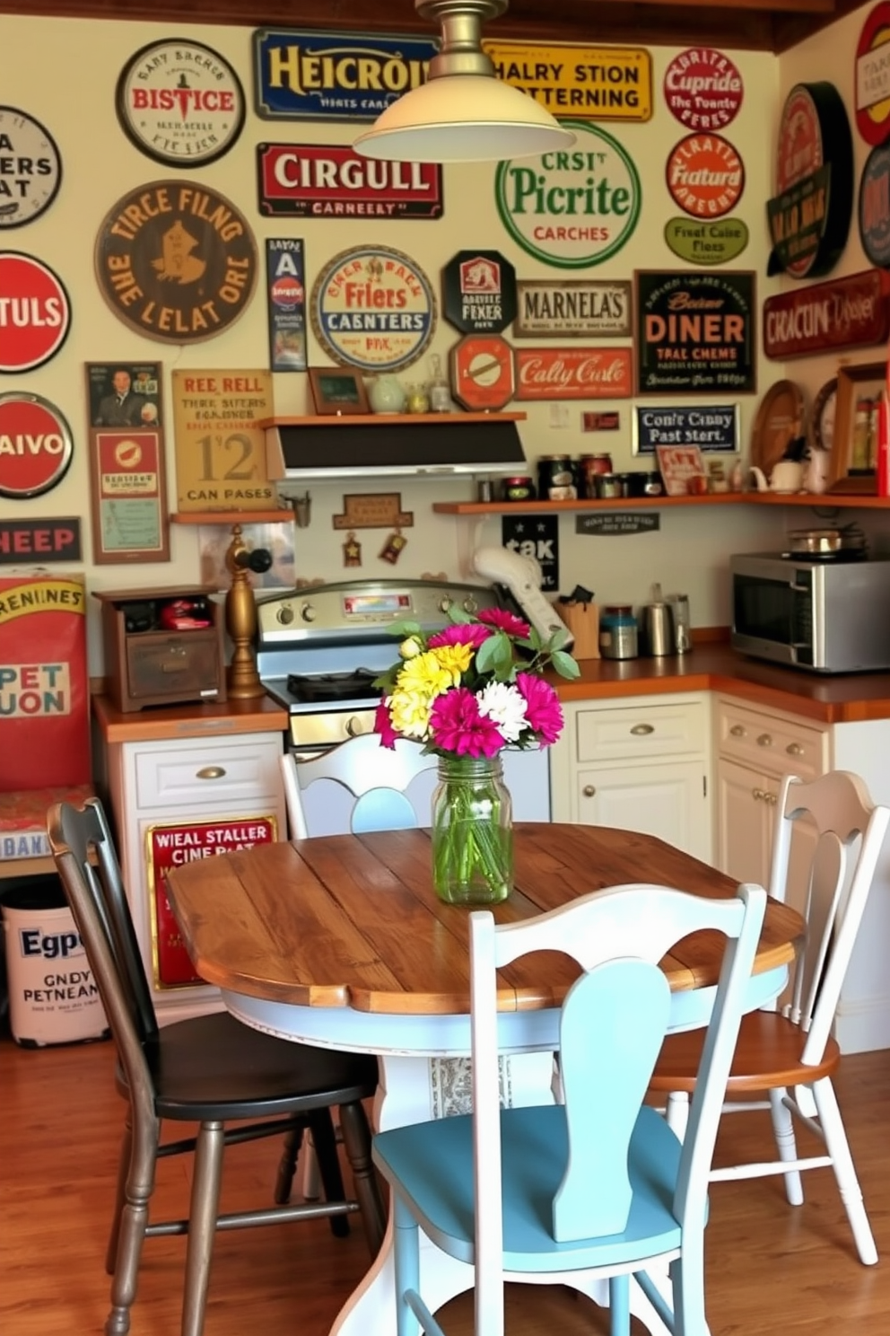 A cozy kitchen adorned with vintage signs that evoke a sense of nostalgia. The walls are decorated with various retro advertisements and classic diner signs, creating a warm and inviting atmosphere. A rustic wooden dining table is set in the center, surrounded by mismatched chairs that add character. Fresh flowers in a mason jar serve as a centerpiece, complementing the charming decor and inviting family gatherings.