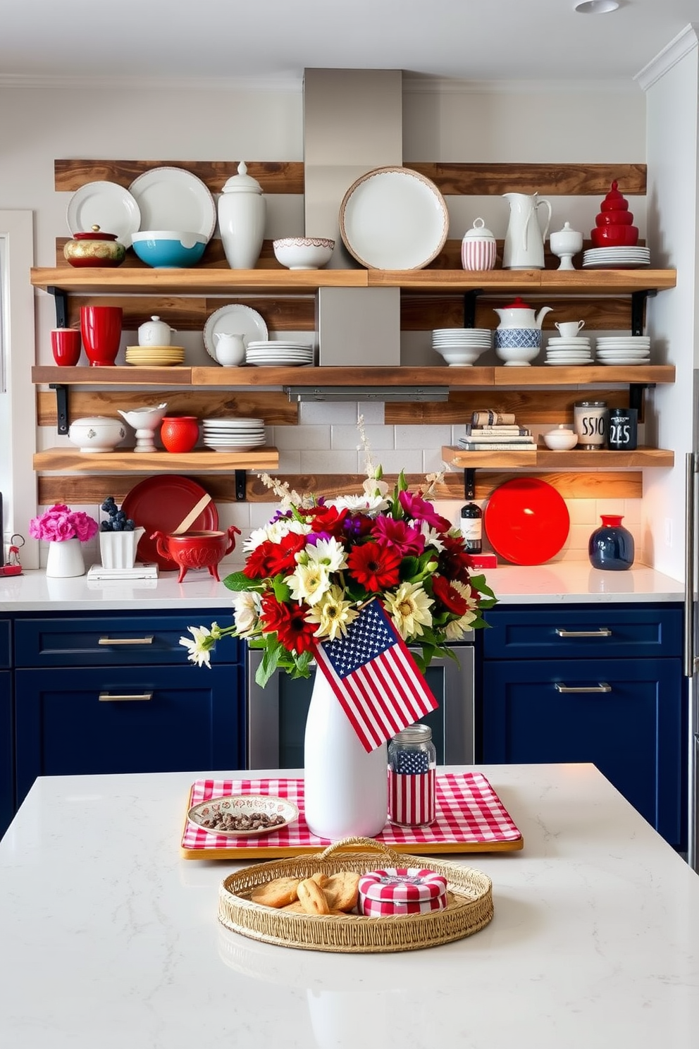 A modern kitchen featuring open shelving that showcases a curated collection of dishware and decorative items. The shelves are made of reclaimed wood and are complemented by sleek metal brackets, creating a stylish yet functional space. The kitchen is adorned with Labor Day decorations, including red, white, and blue accents throughout. A festive table setting includes a vibrant centerpiece of seasonal flowers and a picnic-style spread on the island.