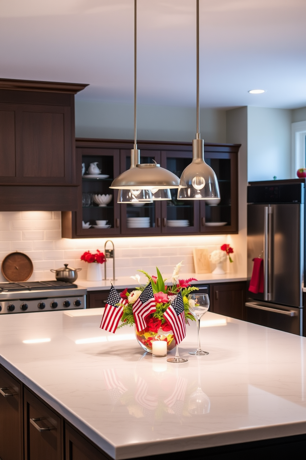 Elegant pendant lights for ambient glow. The kitchen features sleek, modern pendant lights suspended over a large island, casting a warm and inviting light across the space. Labor Day Kitchen Decorating Ideas. The kitchen is adorned with festive decorations, including a vibrant table centerpiece and seasonal accents that celebrate the spirit of Labor Day.