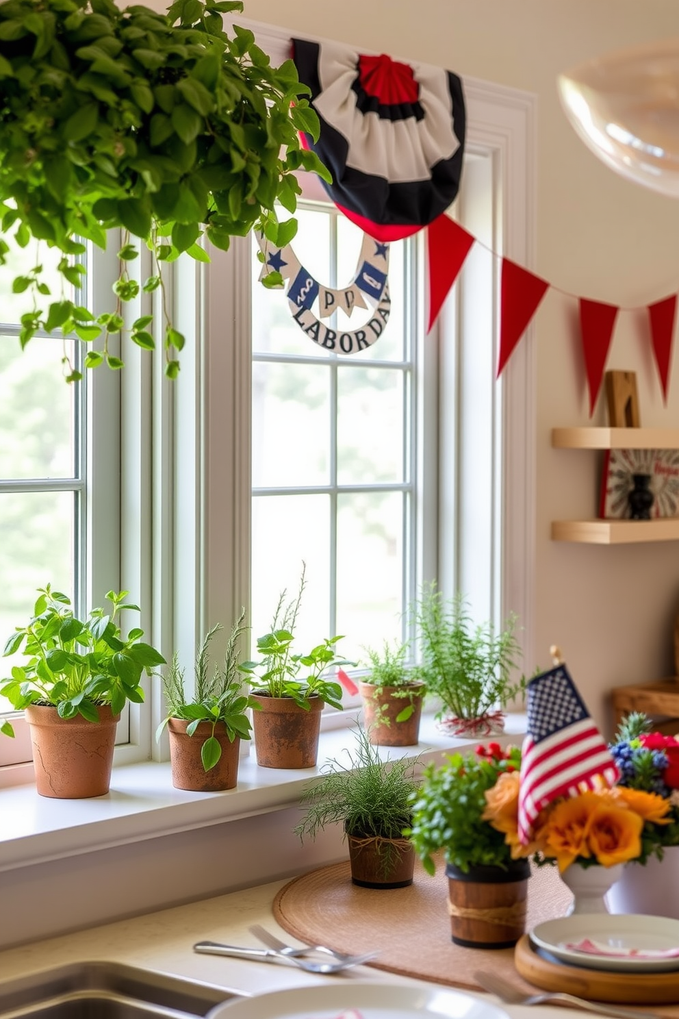 A vibrant herb garden thrives on the windowsill, bringing a touch of freshness to the kitchen space. Lush green basil, fragrant rosemary, and colorful thyme are planted in rustic pots, adding both beauty and functionality. For Labor Day, the kitchen is adorned with festive decorations that celebrate the holiday. Red, white, and blue accents are incorporated through table settings, bunting, and seasonal centerpieces, creating a warm and inviting atmosphere.