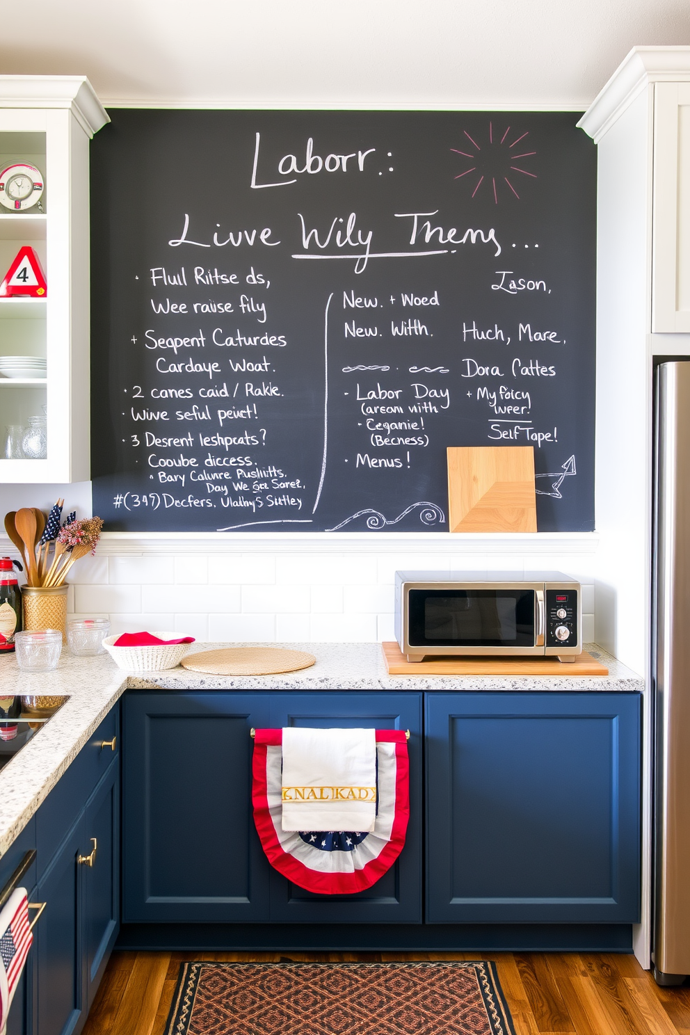 A modern kitchen featuring a chalkboard wall that serves as a creative space for notes and menus. The kitchen is adorned with Labor Day themed decorations, including red, white, and blue accents throughout the space.