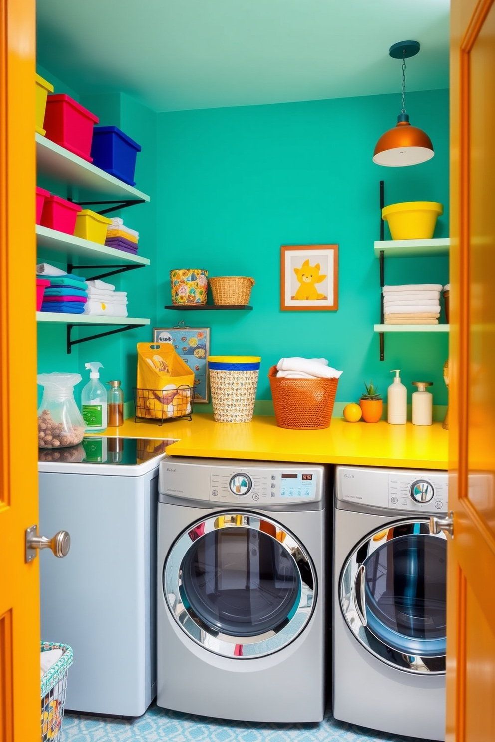 A vibrant laundry room filled with energy and charm. The walls are painted in a lively shade of turquoise, creating a cheerful atmosphere. Stylish shelves hold neatly organized laundry supplies and colorful storage baskets. A sleek washing machine and dryer are paired with a bright yellow countertop, enhancing the playful design.