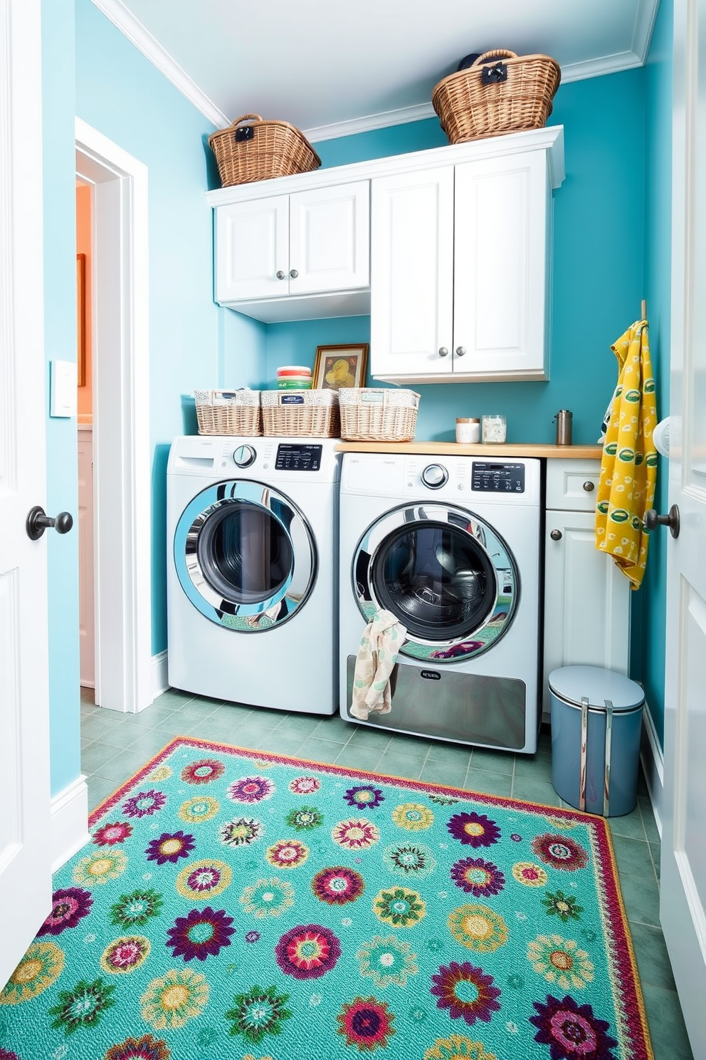 A vibrant laundry room filled with energy and creativity. The floor is adorned with a fun patterned rug that adds a splash of color and personality to the space. The walls are painted in a cheerful light blue, complemented by white cabinetry that provides ample storage. A stylish washer and dryer are seamlessly integrated into the design, with decorative baskets placed on top for easy organization.