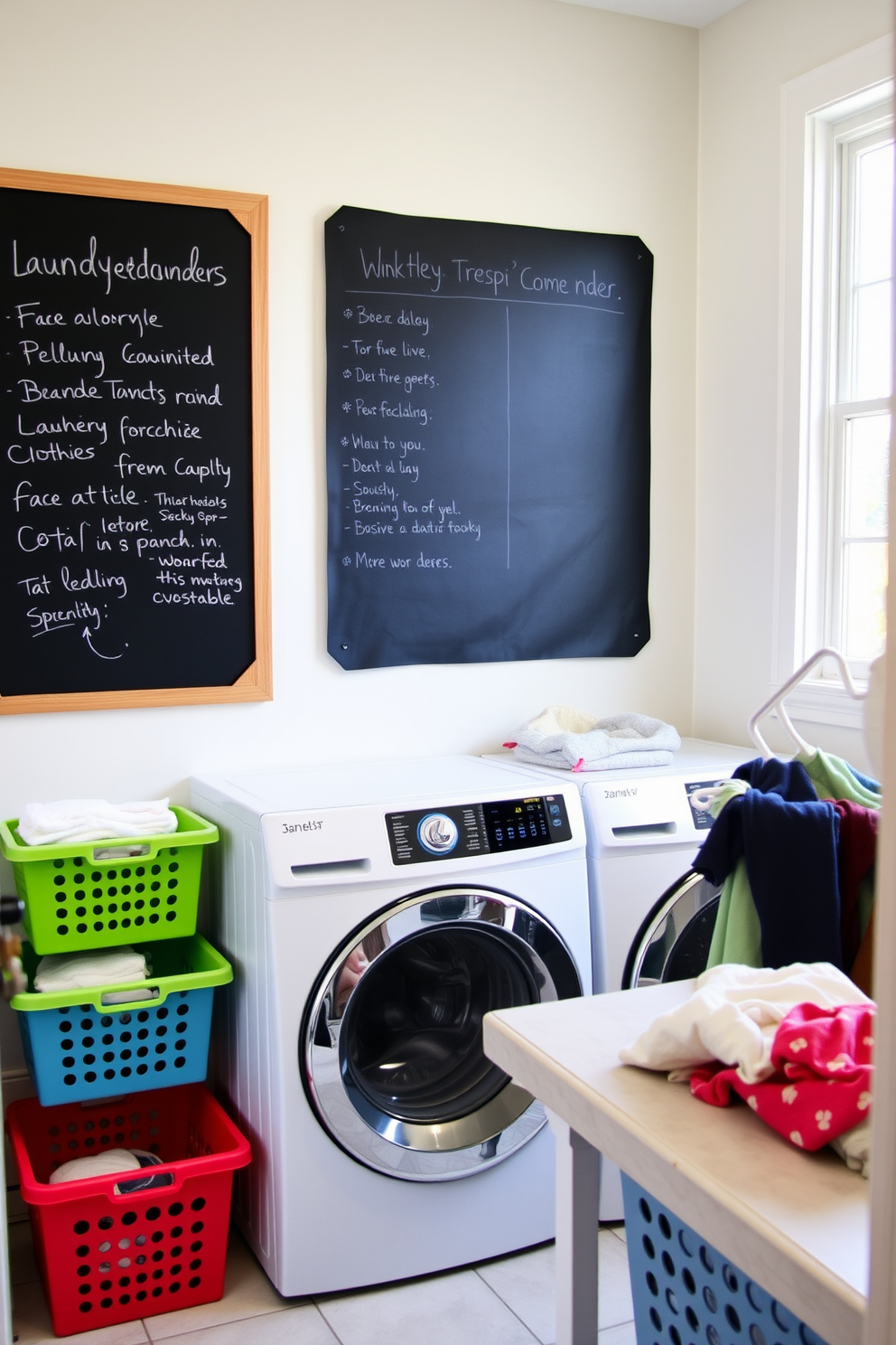 A bright and functional laundry room featuring a large chalkboard mounted on the wall for notes and reminders. The space is adorned with colorful laundry baskets and a stylish countertop for folding clothes, creating an inviting atmosphere.