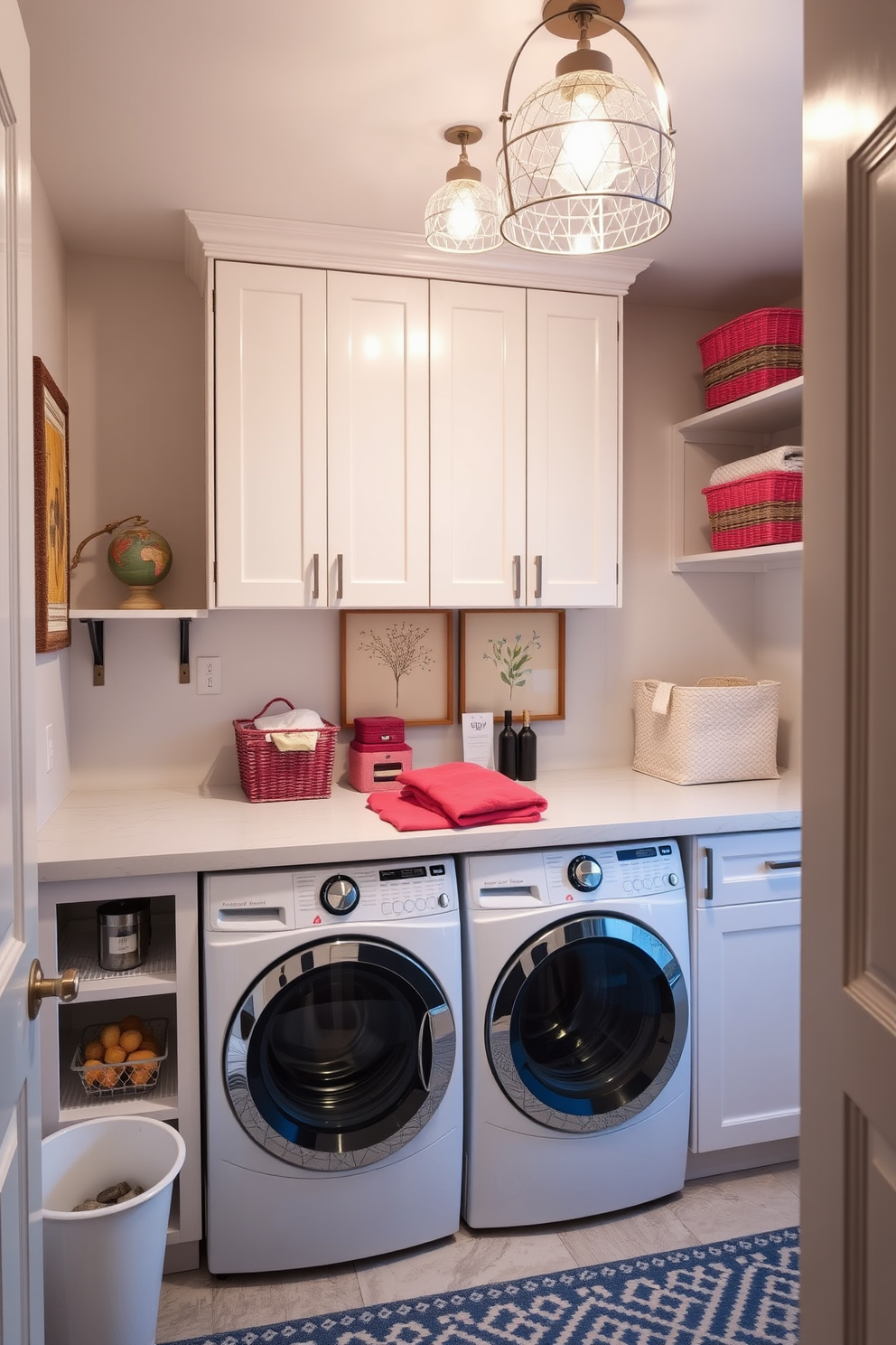 A stylish laundry room featuring unique light fixtures that enhance the overall aesthetic. The space includes a modern washer and dryer, with a countertop for folding clothes and ample storage cabinets above. Decorative elements like colorful baskets and wall art add personality to the room. The lighting is soft yet functional, creating an inviting atmosphere for laundry day tasks.