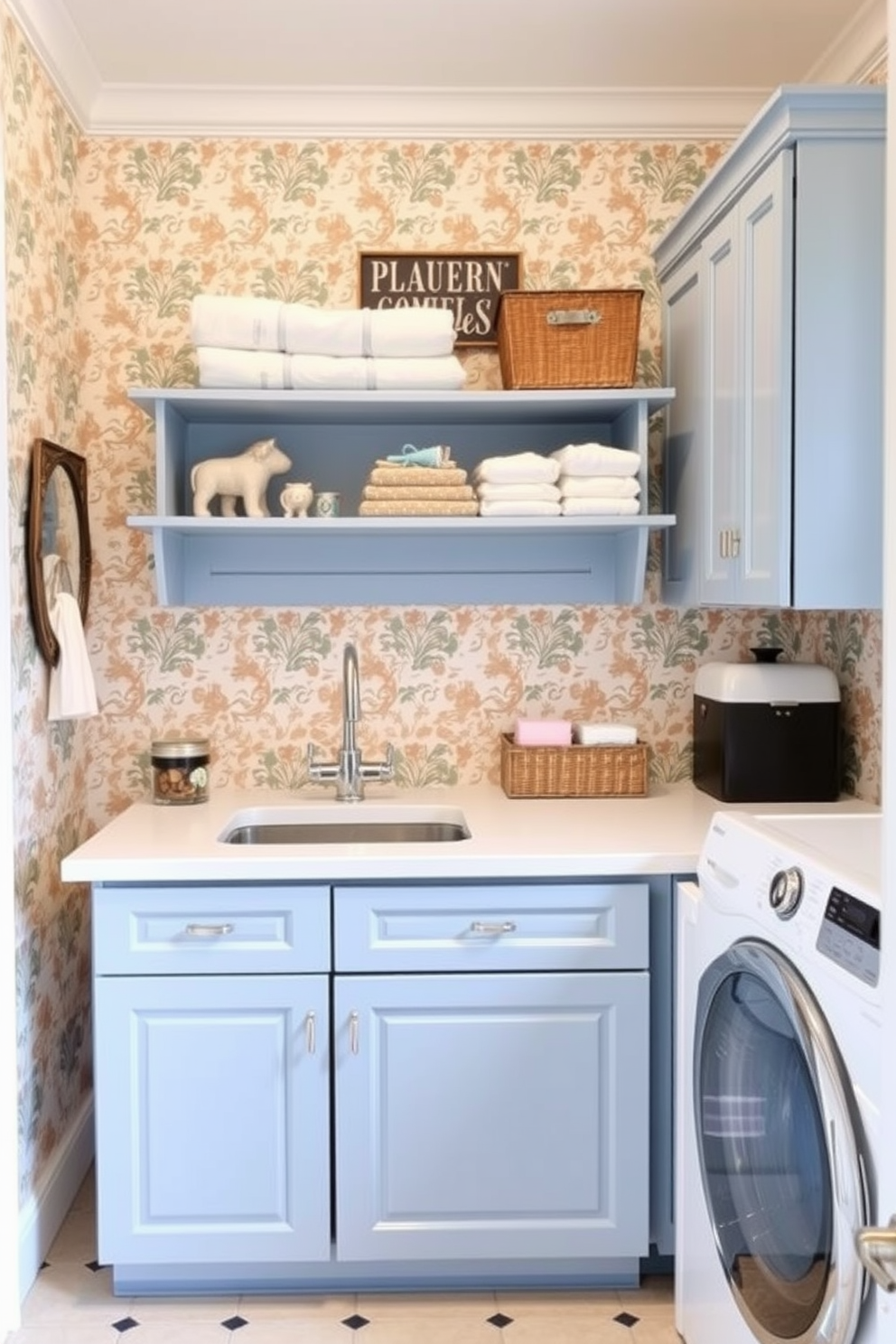 A stylish laundry room featuring a spacious countertop for folding clothes. There is a modern sink installed for convenience, surrounded by organized storage cabinets in a soft blue hue. The walls are adorned with cheerful wallpaper that adds a pop of color and personality. A decorative shelf holds neatly folded towels and laundry essentials, creating a functional yet inviting space.