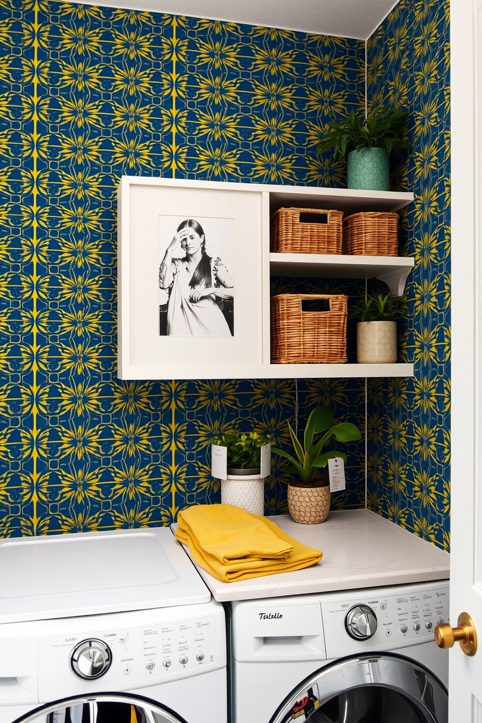 A vibrant laundry room adorned with bold wallpaper featuring a geometric pattern in shades of blue and yellow. The space includes a stylish countertop for folding clothes, complemented by open shelving displaying neatly organized baskets and decorative plants.