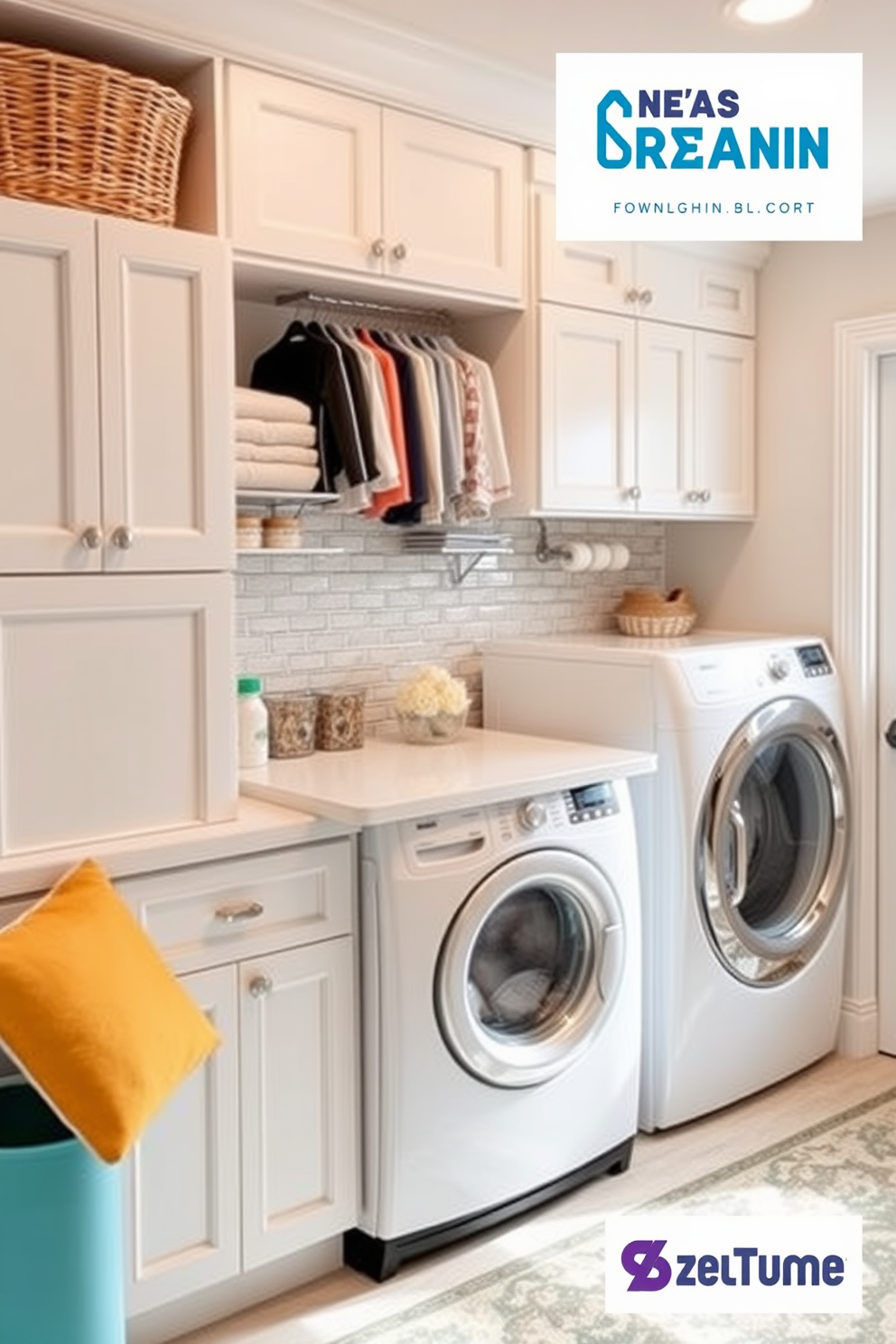 Create a functional laundry command center that maximizes space and efficiency. Include a large countertop for folding clothes, built-in storage cabinets for supplies, and a stylish backsplash. Incorporate a comfortable seating area with a small table for sorting laundry. Use bright colors and cheerful decor to make the space inviting and enjoyable.