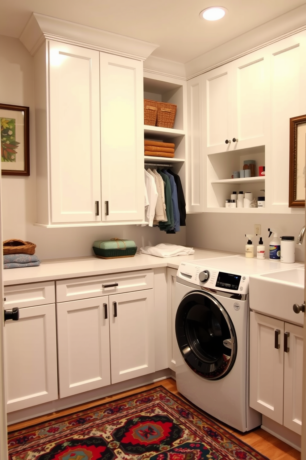 A functional laundry room with built-in cabinets that blend seamlessly into the walls. The cabinets are painted in a soft white color, providing ample hidden storage for laundry essentials and cleaning supplies. The room features a stylish countertop for folding clothes, complemented by a practical sink for hand-washing items. Decorative elements like a vibrant rug and wall art add personality to the space while maintaining a clean and organized look.