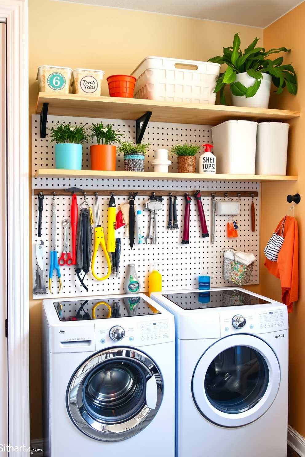 A functional laundry room features a pegboard mounted on the wall, neatly organizing tools and supplies for easy access. The space is brightened with cheerful colors and decorative elements that make laundry day more enjoyable. Incorporate open shelving above the pegboard to display stylish storage bins and plants, adding a touch of personality. Use a combination of practical and decorative items to create a cohesive and inviting atmosphere.