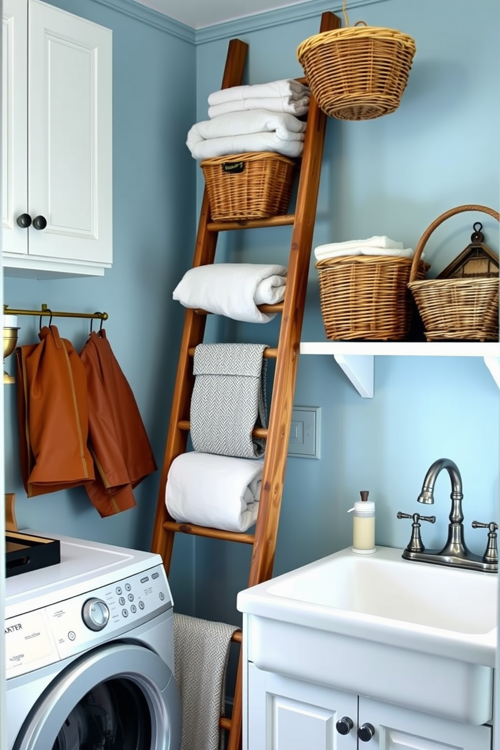 A cozy laundry room featuring a vintage ladder leaning against the wall, adorned with neatly folded towels and decorative baskets. The space is painted in a soft blue hue, with white cabinetry and a farmhouse sink that adds charm and functionality.