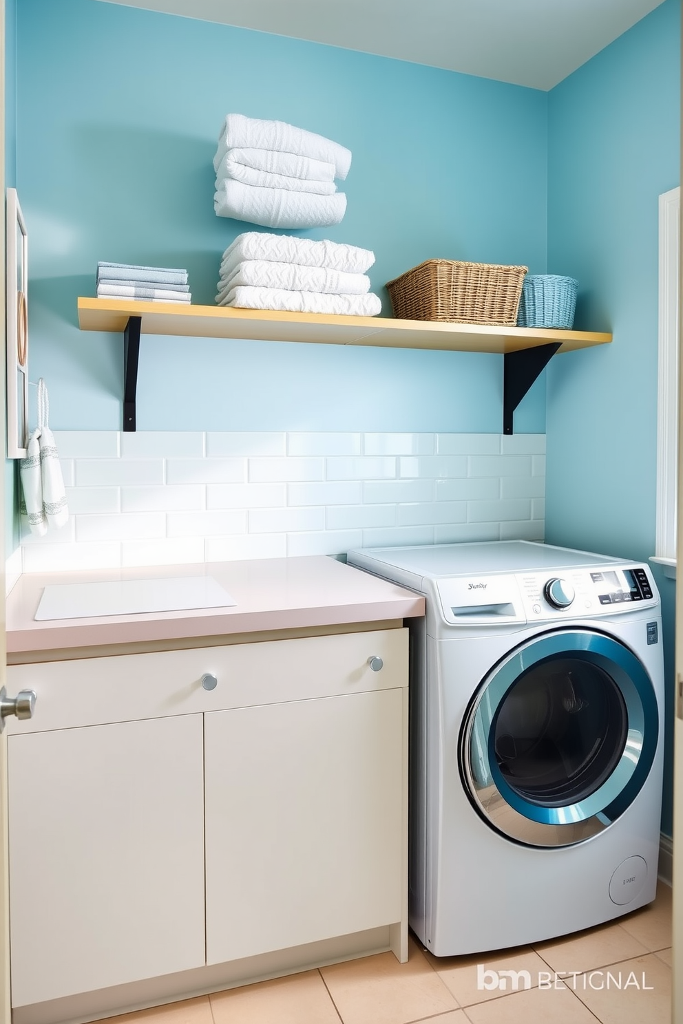 A bright and airy laundry room features open shelving above a sleek countertop for easy access to laundry essentials. The shelving is adorned with neatly folded towels and decorative baskets, while a stylish washer and dryer sit side by side, complemented by a cheerful color palette.