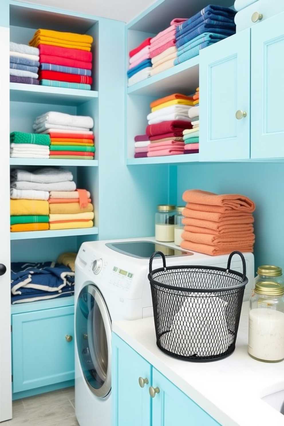 A vibrant laundry room filled with colorful towels stacked neatly on open shelves. The walls are painted in a cheerful light blue, and a spacious countertop is adorned with decorative jars and a stylish laundry basket.