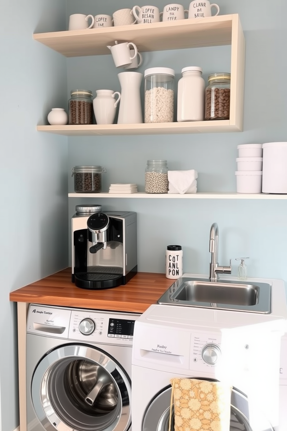 Create a cozy mini coffee station featuring a sleek espresso machine on a wooden countertop. Above the counter, open shelves hold an assortment of coffee mugs and decorative jars filled with coffee beans and sugar. Design a functional laundry room that combines style and practicality. Incorporate a spacious countertop for folding clothes, a stylish washing machine, and neatly organized storage solutions for laundry essentials.