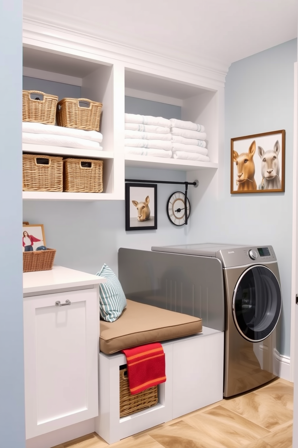 A stylish laundry room design featuring a spacious layout. There is a built-in bench with soft cushions for seating, providing comfort while folding clothes. The walls are painted in a light blue hue, creating a calming atmosphere. Above the bench, open shelving displays neatly folded towels and decorative baskets, adding functionality and charm.