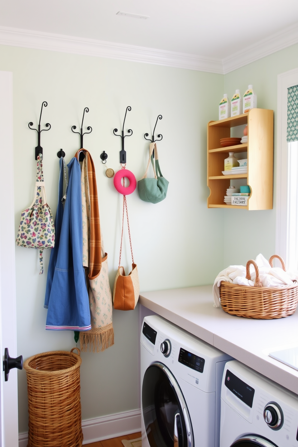 A bright and airy laundry room features decorative hooks mounted on the wall to hold various accessories such as aprons and bags. The space is adorned with cheerful colors and patterns, creating a welcoming atmosphere for laundry day. The walls are painted in a soft pastel hue, complemented by a stylish countertop for folding clothes. A wicker basket sits nearby, adding a touch of warmth and organization to the room.