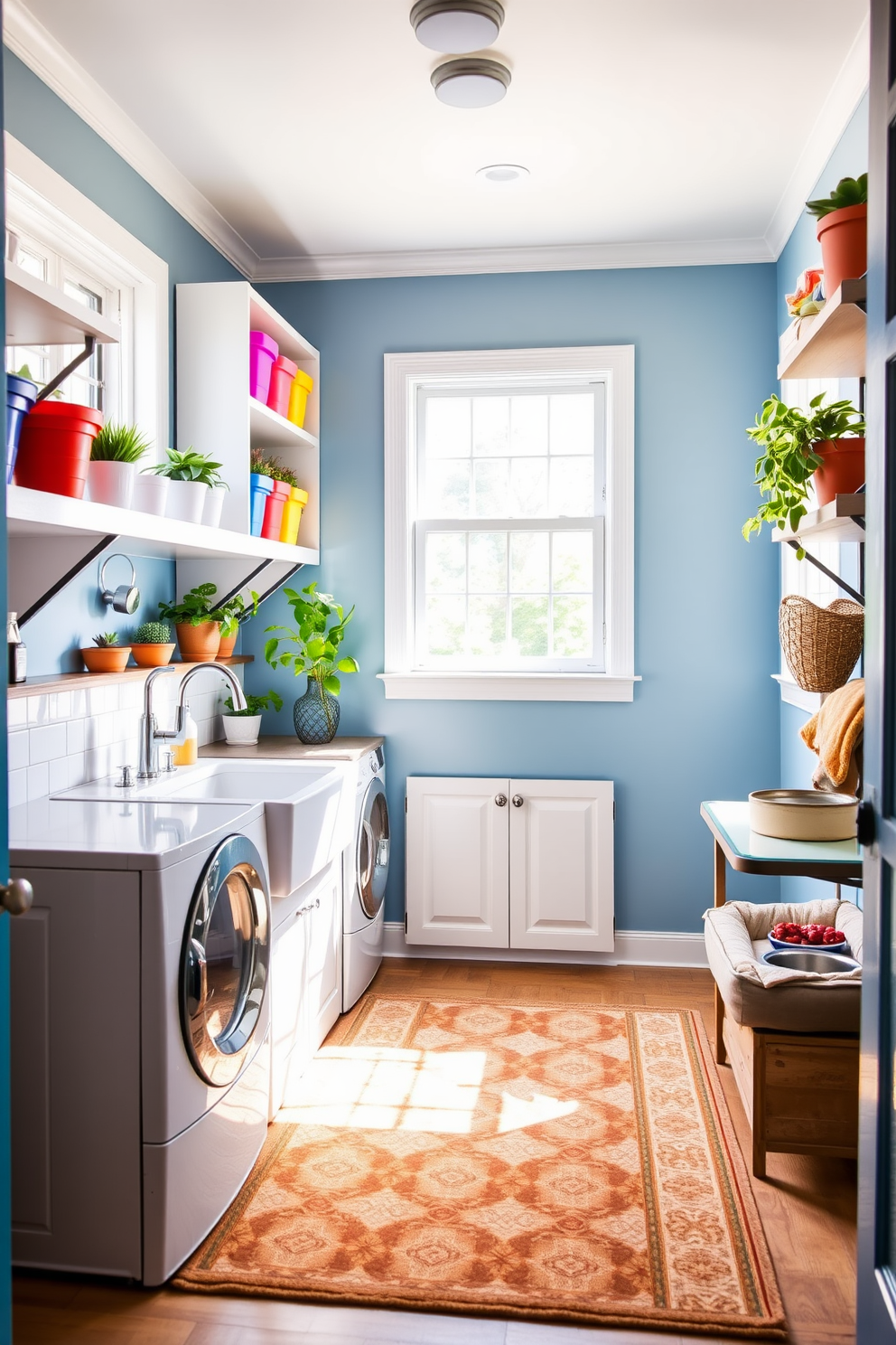 A vibrant laundry room filled with natural light. The space features a large farmhouse sink with a stylish faucet, surrounded by open shelving displaying colorful storage bins and potted plants. To the side, a pet station is seamlessly integrated with a cozy dog bed and food bowls that match the room's decor. The walls are painted a cheerful blue, and the floor is adorned with a durable, patterned rug for added comfort and style.