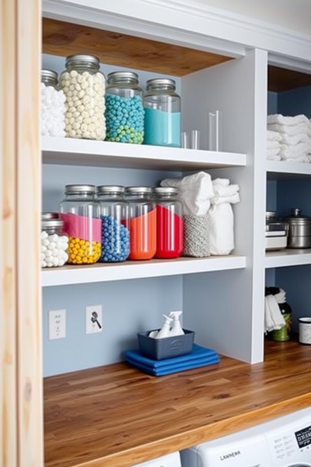 A stylish laundry room featuring glass jars filled with colorful laundry supplies arranged on open shelves. The walls are painted in a soft blue hue, complemented by a rustic wooden countertop that adds warmth to the space.