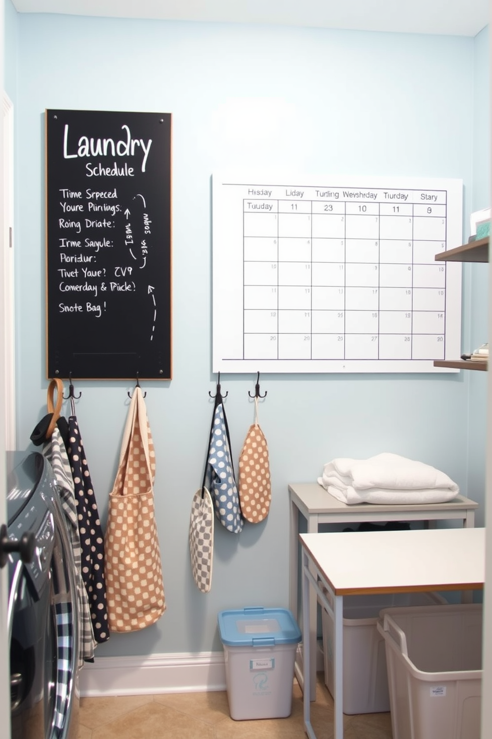 A functional laundry room featuring a dedicated wall for a laundry schedule. The wall is painted in a soft blue hue and includes a large chalkboard for easy updates. Decorative hooks are mounted below the schedule for hanging laundry bags and aprons. The room is accented with stylish storage bins and a folding table for convenience.