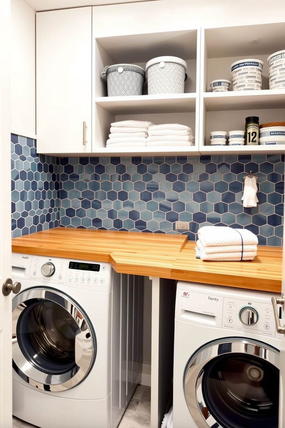 A modern laundry room featuring a stylish backsplash with geometric tiles in shades of blue and white. The space includes a sleek washer and dryer set with a wooden countertop above for folding clothes, and open shelving displaying neatly organized laundry supplies.